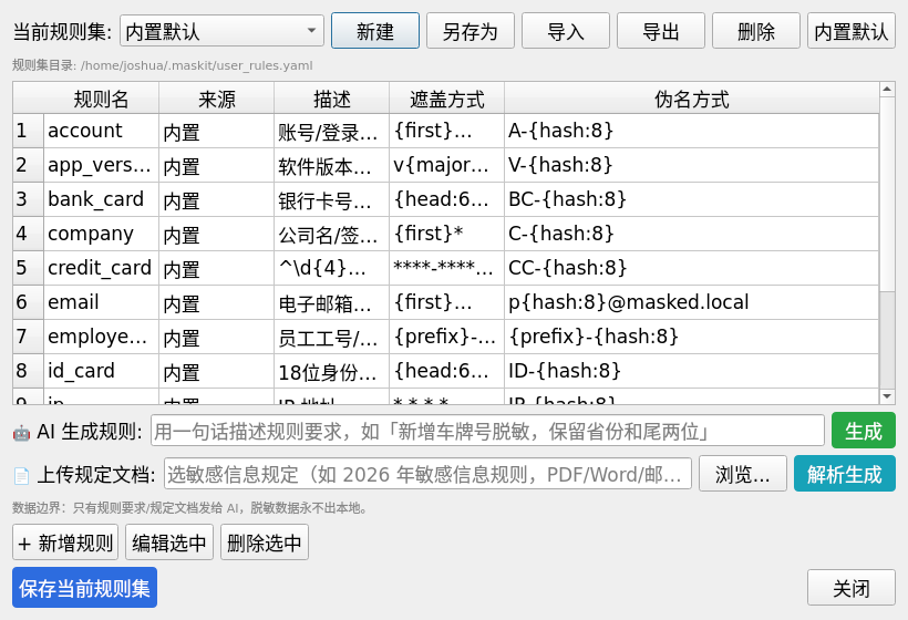 本地数据脱敏工作台规则管理界面，展示 YAML 规则集和字段策略
